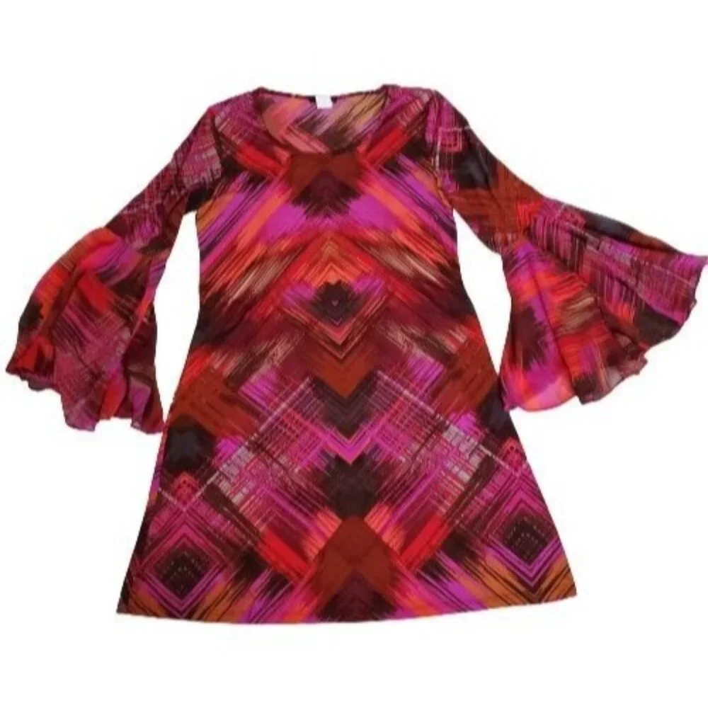 MSK Women's Pink Red Orange Print Sheer Bell Sleeve Cocktail Dress Size Medium - Picture 2 of 11